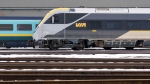 Via Rail says it steamed past pandemic ridership numbers last year, but fell short of 2019 levels. Passenger trains sit on the tracks at the Via Rail Canada maintenance centre in Montreal, Thursday, Feb. 22, 2024. (Christinne Muschi/The Canadian Press)