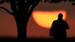 FILE - A woman watches the sun set on a hot day, Aug. 20, 2023, in Kansas City, Mo. (Charlie Riedel / The Associated Press)