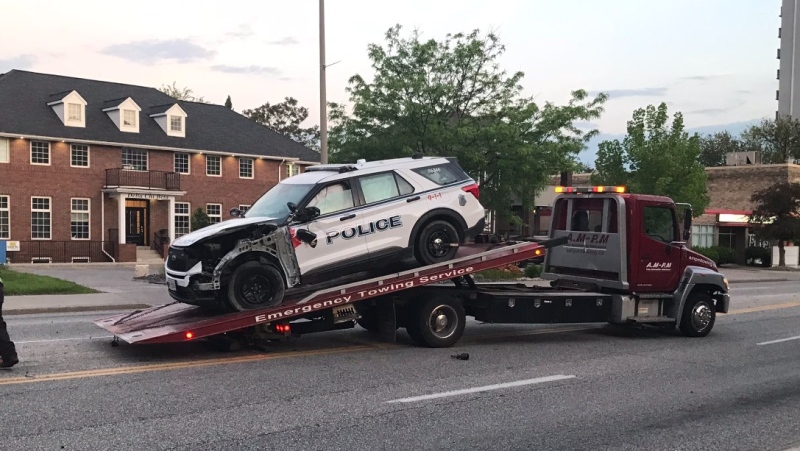 A Windsor police cruiser was involved in a collision with a pickup truck on Ouellette Avenue in Windsor, Ont., on Tuesday, May 14, 2024. (Rob Hindi/CTV News Windsor)