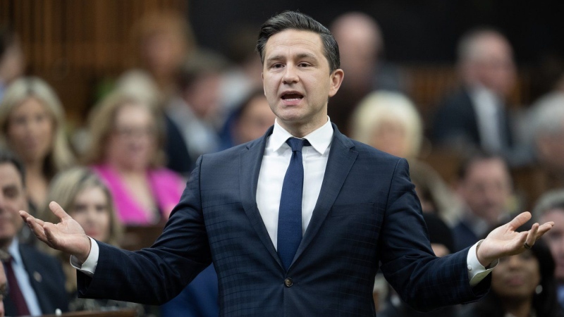 Conservative Leader Pierre Poilievre rises during question period, Tuesday, April 16, 2024 in Ottawa. (THE CANADIAN PRESS/Adrian Wyld)