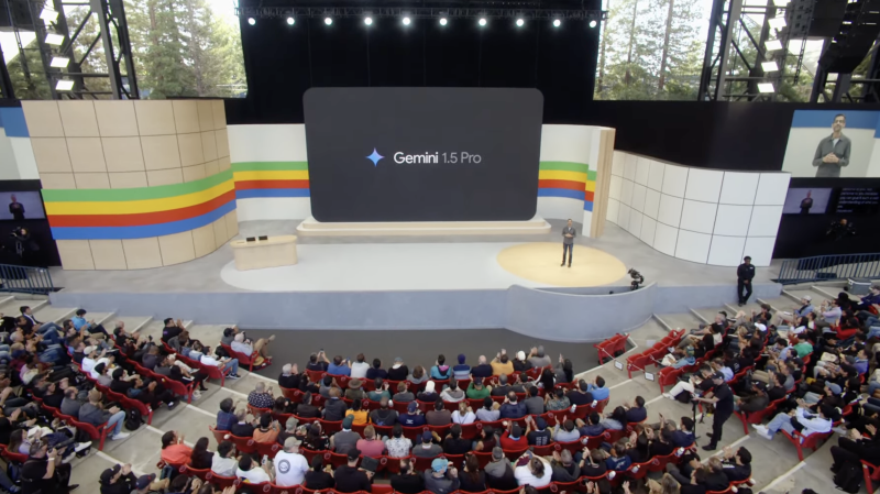 Sundar Pichai speaks about Gemini 1.5 pro during Google I/O developer conference on May 14. (Google / CNN Newsource)