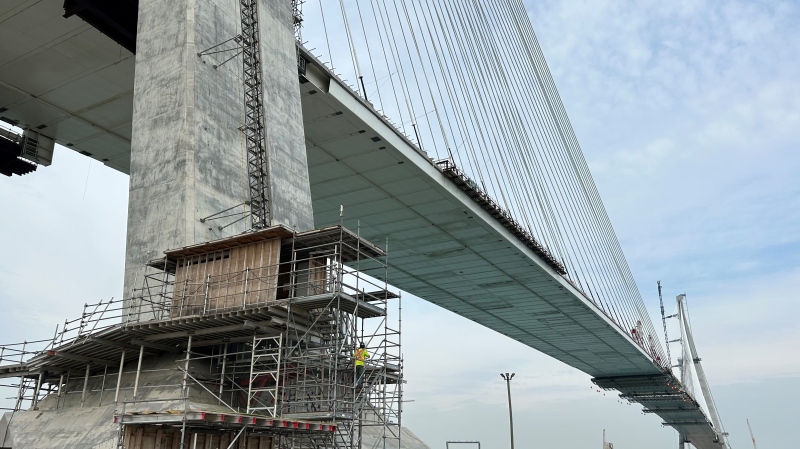 The bridge deck nears completion on the Gordie Howe International Bridge in Windsor, Ont., on May 14, 2024. (Rich Garton/CTV News Windsor) 