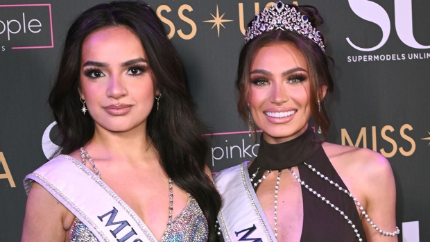 (L-R) Miss Teen USA 2023, UmaSofia Srivastava, and Miss USA 2023, Noelia Voigt on February 10, 2024 in New York City. (Chance Yeh / Getty Images via CNN Newsource)