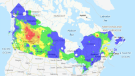 This map shows the wildfire danger in Canada on May 14, 2024. Areas in blue are low risk, green is moderate, yellow is high, brown is very high and red is extreme. (Natural Resources Canada)
