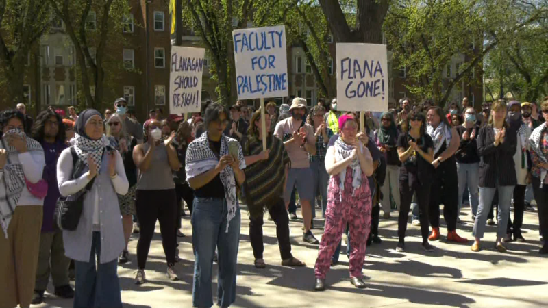 Hundreds gathered at the University of Alberta on May 14, 2024, to protest the school's decision to have police shut down a protest on campus days earlier. That protest called on the university to divest from companies "complicit" in occupation, apartheid and genocide in Gaza. (Marek Tkach / CTV News Edmonton) 
