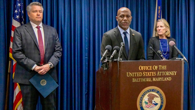 Erek L. Barron, U.S. Attorney for Maryland, announces the arrests of a conspiracy to destroy an energy facility. (Amy Davis/The Baltimore Sun/AP News)