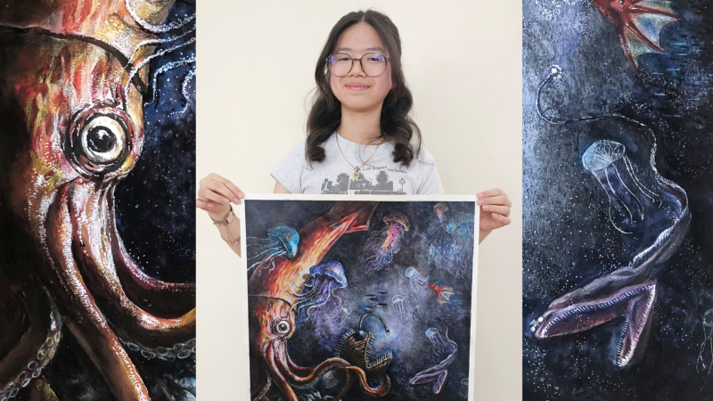 Claire Kim holds up her winning painting called Wonders of the Twilight Zone. She took home first place in the 11 to 14 age group in the Science Without Borders Challenge. (Supplied) 