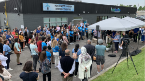 Crowd gathers for the grand opening of Northwest London Resource Centre on May 14, 2024. (Bryan Bicknell/CTV News London) 