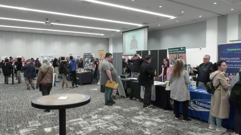 A job fair hosted by Teamworks Career Centre at the Agri-Food Hub and Trade Centre in Lethbridge on May 14, 2024. (CTV News) 