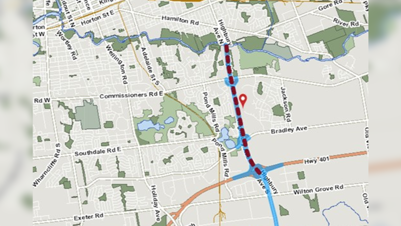 Highbury Avenue, between Hamilton Road and Highway 401, will be closed for infrastructure maintenance on May 15, 2024. (Source: City of London) 