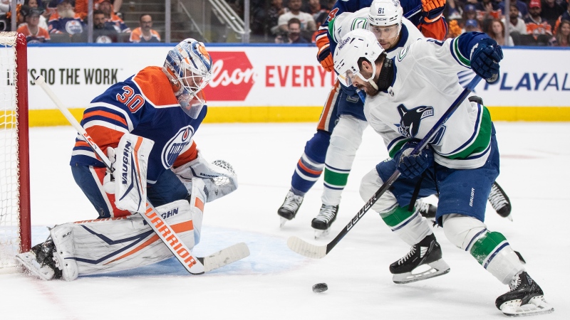 Vancouver Canucks forward Conor Garland is stopped by Edmonton Oilers goalie Calvin Pickard during NHL playoff action on May 14, 2024, in Edmonton. (Jason Franson/The Canadian Press)