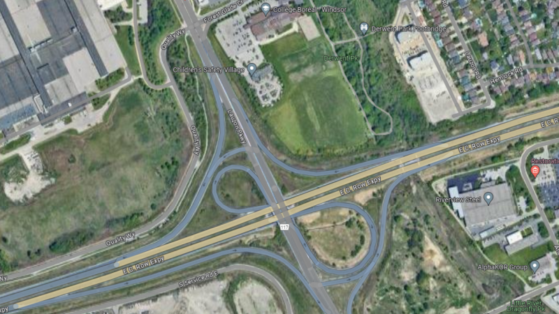 Satellite imagery shows the area of Lauzon Parkway South, Quality Way and the E.C. Row Expressway. (Source: Google Maps)