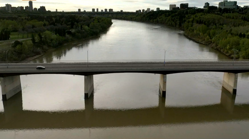 A vehicle crosses the North Saskatchewan River in central Edmonton on the Groat Bridge the morning of May 15, 2024. (Cam Wiebe / CTV News Edmonton) 