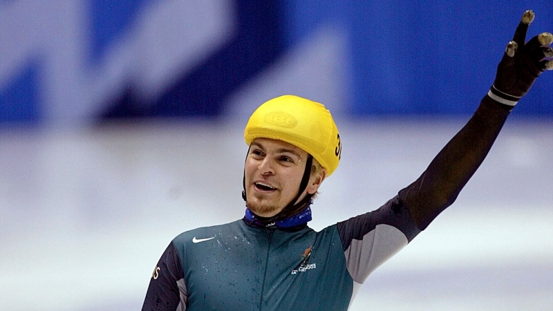 Steven Bradbury of Australia crosses the finish line to win the men's 1,000-meter short-track speed skating race at the Winter Olympics in Salt Lake City, Utah, Saturday, Feb. 16, 2002.  (AP Photo/Lionel Cironneau, File)