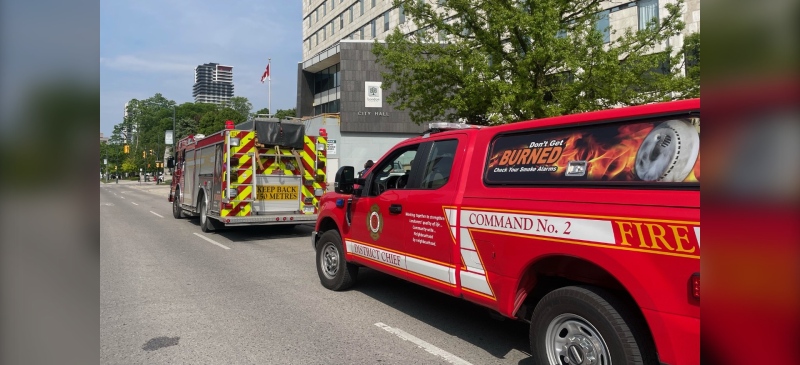 Fire crews are seen outside London City Hall, located at 300 Dufferin Ave., on May 15, 2024. (Daryl Newcombe/CTV News London) 