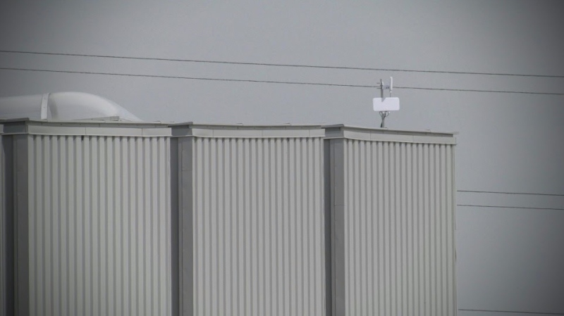 A Wi-Fi access point is seen on top of the Atlas Tube Recreation Centre, giving people in the surrounding soccer fields the ability to log on to the internet for free in Lakeshore, Ont., on May 14, 2024. (Sanjay Maru/CTV News Windsor)