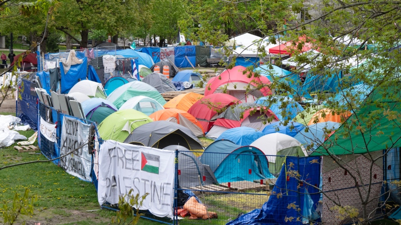 The pro-Palestinian protest encampment on McGill University campus is seen Monday, May 13, 2024 in Montreal. (Ryan Remiorz, The Canadian Press)