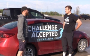 (L-R) Challenge Accepted Foundation Founder Jesse Northcott, and Cole Brubacher talk about Cole’s latest athletic endeavour for charity in Listowel, Ont. on May 13, 2024. (Scott Miller/CTV News London)
