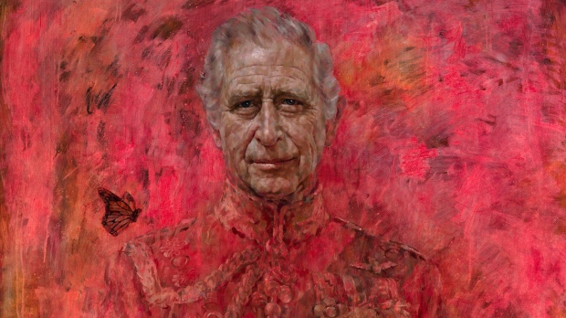 This undated photo issued on May 14 by Buckingham Palace shows artist Jonathan Yeo's oil on canvas portrait of King Charles III. (Jonathan Yeo / PA / AP via CNN Newsource)