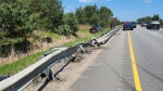Tire markings are visible where a pickup truck crashed through a guardrail on Highway 11 in Huntsville, Ont., on Wed., May 15, 2024. (Source: OPP)