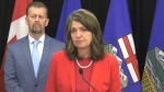Alberta Premier Danielle Smith speaks at a provincial news conference on Wednesday, May 15, 2024.