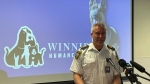 Leland Gordon, general manager of Winnipeg Animal Services, speaks with media at a news conference on May 15, 2024. A total of 68 dogs were seized from a Winnipeg home on May 15, with Gordon describing the conditions as "inhumane." (Jamie Dowsett/CTV News Winnipeg)