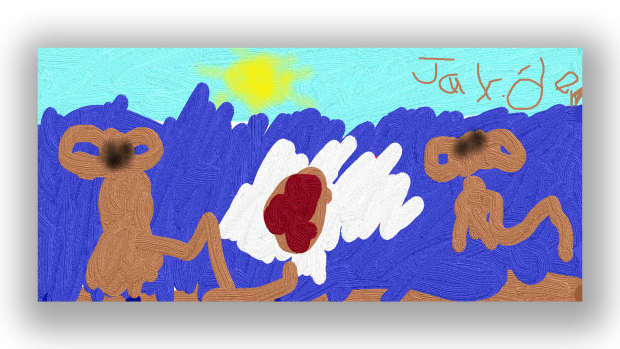 'Monkeys swimming at the beach' by Jayden Duchesne, 5 years old, Sr. Kindergarten, Ecole Notre Dame, Cornwall
