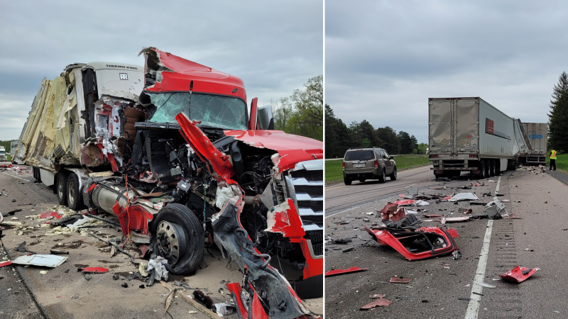 OPP responding to a transport truck crash on Hwy. 401 on May 15, 2024. (OPP/X)