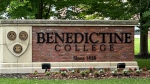 The Benedictine College sign is seen Wednesday, May 15, 2024, in Atchison, Kan., days after Kansas City Chiefs kicker Harrison Butker gave a commencement speech that has been gaining attention. (AP Photo/Nick Ingram)