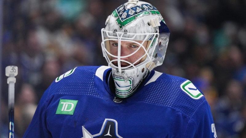 Vancouver Canucks goalie Thatcher Demko skates to the corner during a stoppage in play during the second period in Game 1 of an NHL hockey Stanley Cup first-round playoff series against the Nashville Predators in Vancouver on April 21, 2024. (Darryl Dyck / The Canadian Press)