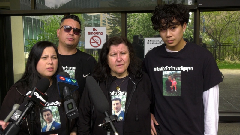 The family of Steven Nguyen, who was killed by an Edmonton police officer in 2021, gave a press conference May 15, 2024, after learning no charges would be brought against the officer. (Galan McDougall/CTV News Edmonton)