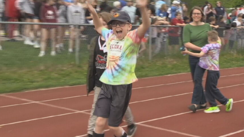 An athlete celebrates during the 20th anniversary of the Special Olympics Track and Field Day in Wellington County on May 15, 2024. (Tyler Kelaher/CTV News)