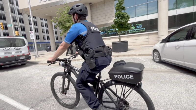An officer with the Windsor Police Service patrols on a bicycle in downtown Windsor on May 15, 2024. (Rich Garton/CTV News Windsor)