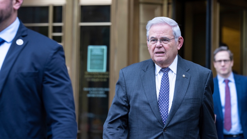 U.S. Sen. Bob Menendez, D-N.J., leaves the Manhattan federal court after the second day of his corruption trial, Tuesday, May, 14, 2024, in New York. (AP Photo/Stefan Jeremiah)