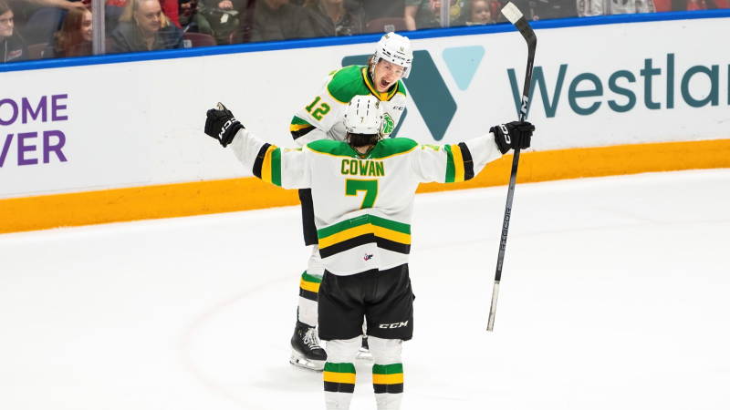 London Knights’ forwards Easton Cowan (#7) and Kasper Halttunen (#12) at Game 4 of the OHL Championship Series between the Oshawa Generals on May 15, 2024. (Source: London Knights/X) 