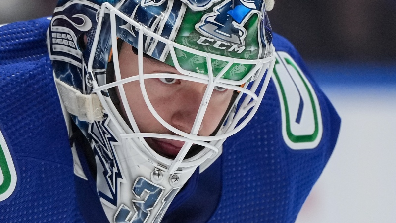 Canucks goalie Arturs Silovs looks on during a stoppage in play during Game 1 the team's second-round playoff series against the Oilers, on May 8, 2024. (THE CANADIAN PRESS/Darryl Dyck)
