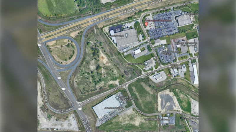 Satellite imagery shows the area of Lauzon Parkway South, Twin Oaks Drive and the E.C. Row Expressway. (Source: Google Maps)