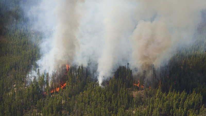 A wildfire burns in northern Manitoba near Flin Flon, as seen from a helicopter surveying the situation, Tuesday, May 14, 2024. (David Lipnowski/The Canadian Press)