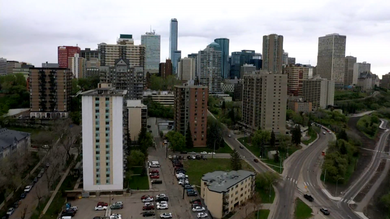 An aerial image of downtown Edmonton taken over Bellamy Hill and Rossdale roads on May 16, 2024. (Cam Wiebe / CTV News Edmonton) 