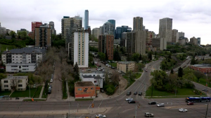 An aerial image of downtown Edmonton taken over 97 Avenue NW and Bellamy Hill and Rossdale roads on May 16, 2024. (Cam Wiebe / CTV News Edmonton) 