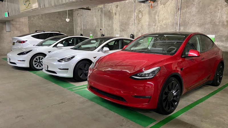 This photo provided by Edmunds shows a line of parked Tesla Model 3 and Model Y vehicles. (Courtesy of Edmunds via AP)
