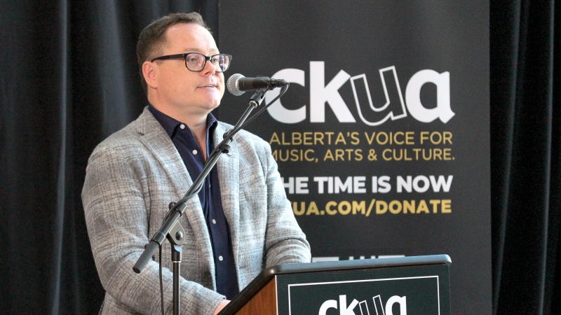 Marc Carnes, CEO of CKUA, addressing the financial struggles facing the radio station on April 26, 2024. (Courtesy: CKUA)
