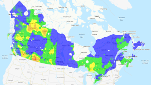 The latest fire danger index is seen in this forecast map on Thursday, May 16, 2024. The scale ranges from a low risk in blue, to a moderate risk in green, a high risk in yellow, a very high risk in orange and an extreme risk in red. (Canadian Wildland Fire Information System)