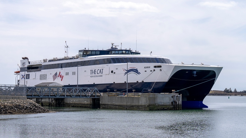The CAT, a fast ocean-going catamaran car and passenger ferry, is berthed in Yarmouth, N.S on Saturday, May 7, 2022. THE CANADIAN PRESS/Andrew Vaughan 