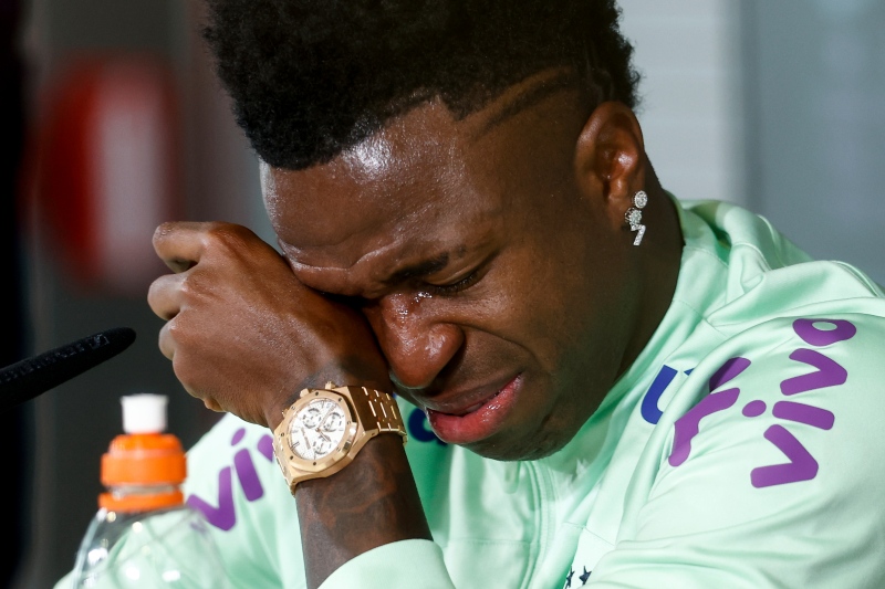 Vinicius Junior breaks down in tears during a press conference after a training session of the Brazil team ahead of a friendly soccer match against Spain on Monday March 25, 2024, in Valdebebas, Madrid, Spain. (AP Photo/Oscar J. Barroso, File)
