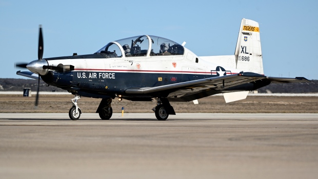 This image provided by the U.S. Air Force shows a U.S. Air Force T-6A Texan II taxiing down the flight line at Laughlin Air Force Base, Texas, on Jan. 26, 2024. (Airman 1st Class Keira Rossman/U.S. Air Force via AP)