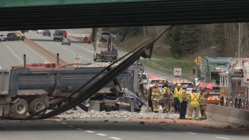 A crash on Highway 102 involving a transport truck is seen in this picture taken on May 16, 2024. 