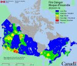 The latest fire danger index is seen in this forecast map shared at 4:45 p.m. EDT, Thursday, May 16, 2024. The scale ranges from a low risk in blue, to a moderate risk in green, a high risk in yellow, a very high risk in orange and an extreme risk in red. (Canadian Wildland Fire Information System)
