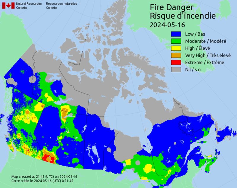 The latest fire danger index is seen in this forecast map shared at 4:45 p.m. EDT, Thursday, May 16, 2024. The scale ranges from a low risk in blue, to a moderate risk in green, a high risk in yellow, a very high risk in orange and an extreme risk in red. (Canadian Wildland Fire Information System)
