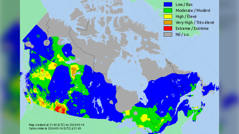 The latest fire danger index is seen in this forecast map shared at 4:45 p.m. EDT, Thursday, May 16, 2024. The scale ranges from a low risk in blue, to a moderate risk in green, a high risk in yellow, a very high risk in orange and an extreme risk in red. (Canadian Wildland Fire Information System)